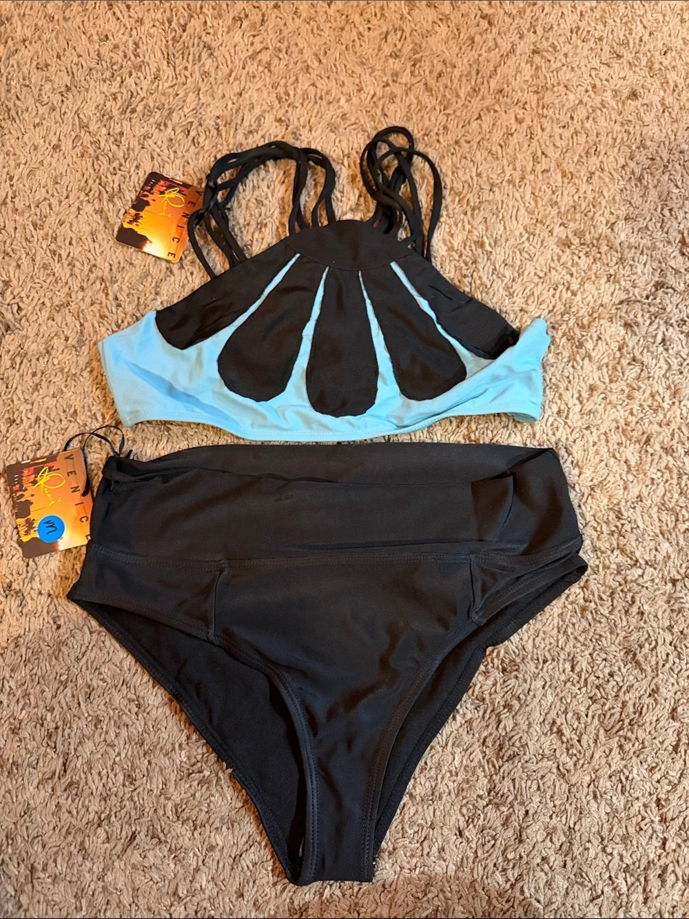 High-Neck Two-Piece Bikini Set in Light Blue and Black